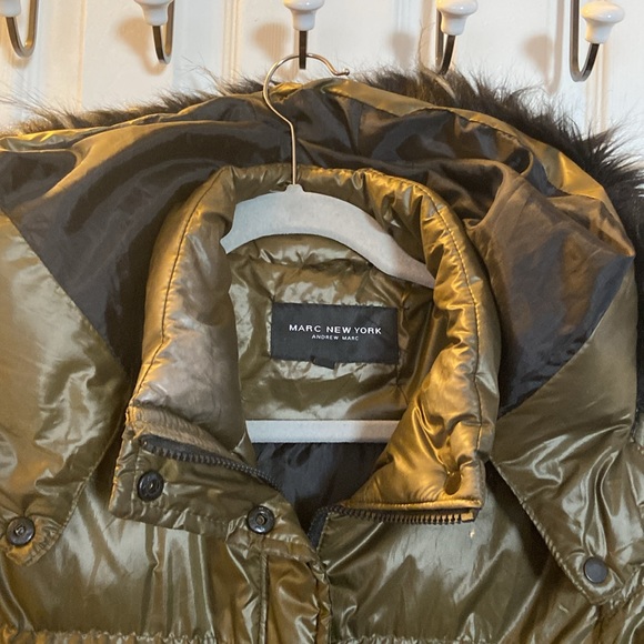 Andrew Marc long olive green puffer coat with furred hood. Zipper, snaps. Med - Picture 2 of 7